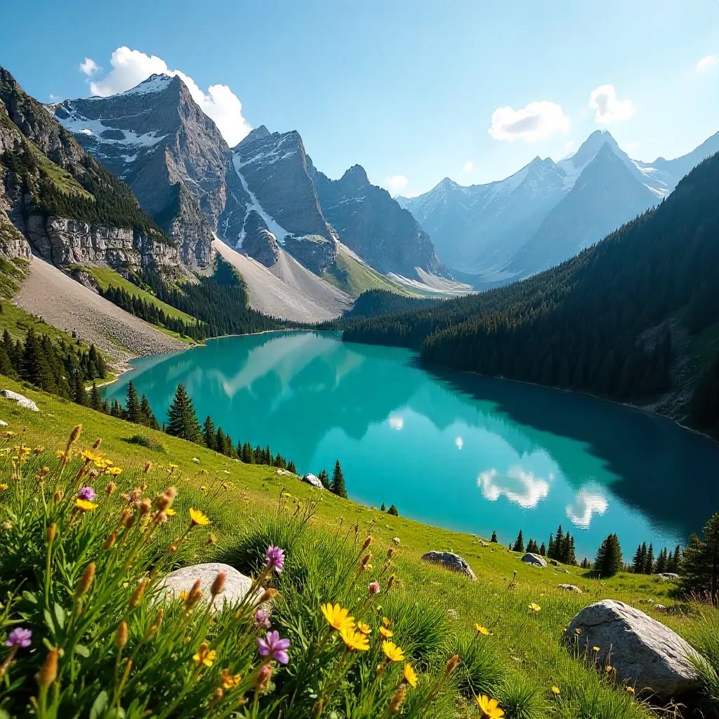 Aerial Alpine Lake: Emerald Valleys and Peaks