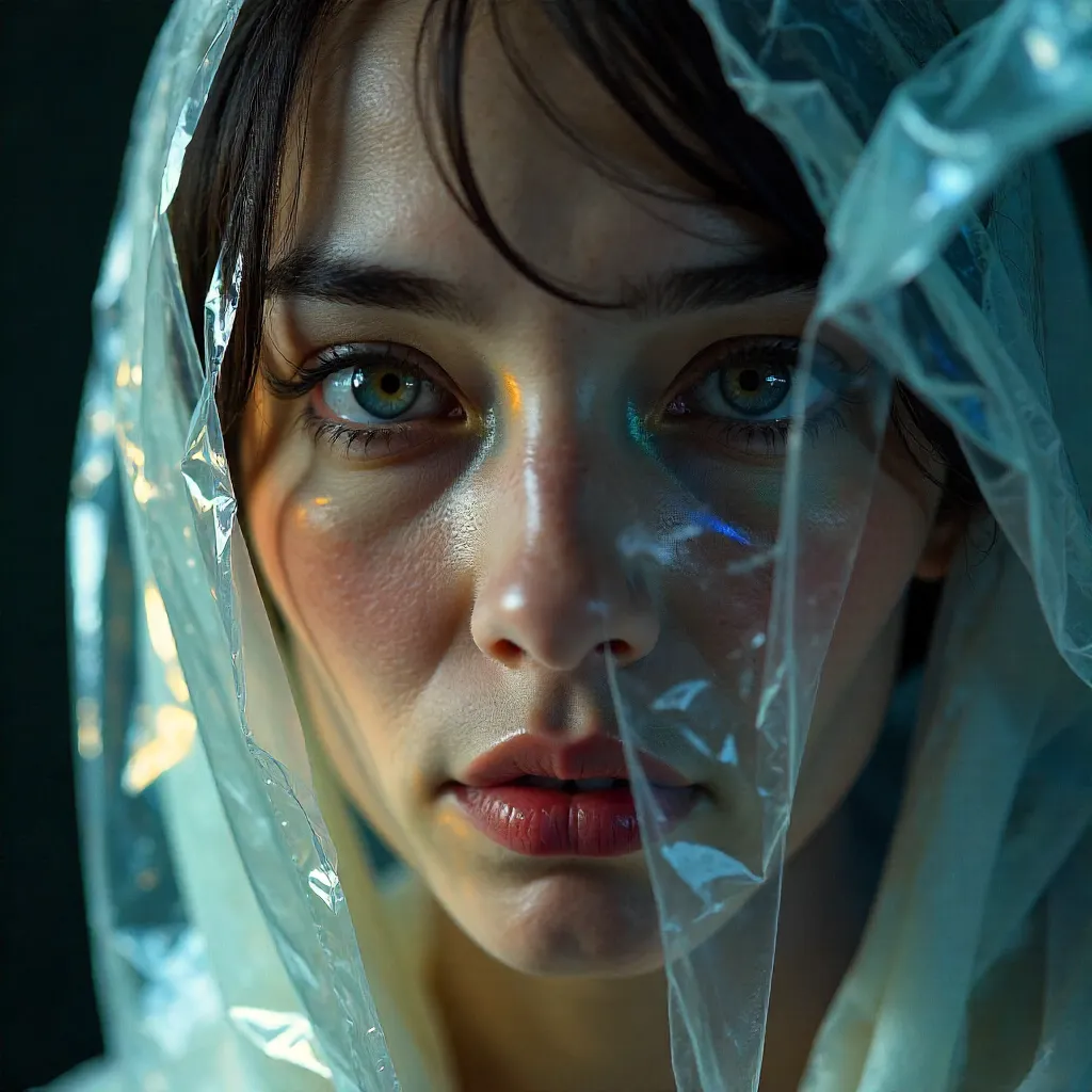 Veiled Surreal Portrait Through Crinkled Plastic