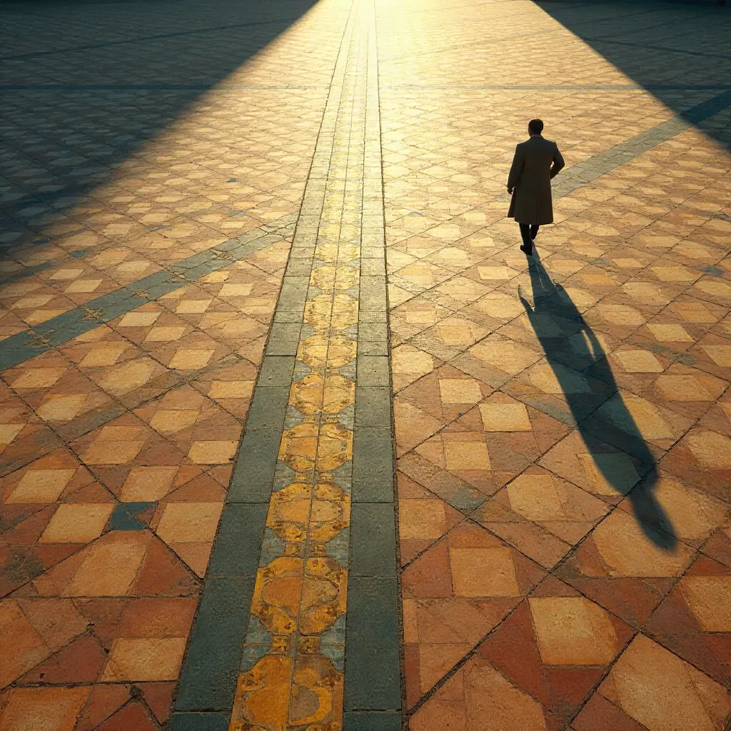 Solitary Figure on a Patterned Tile Square