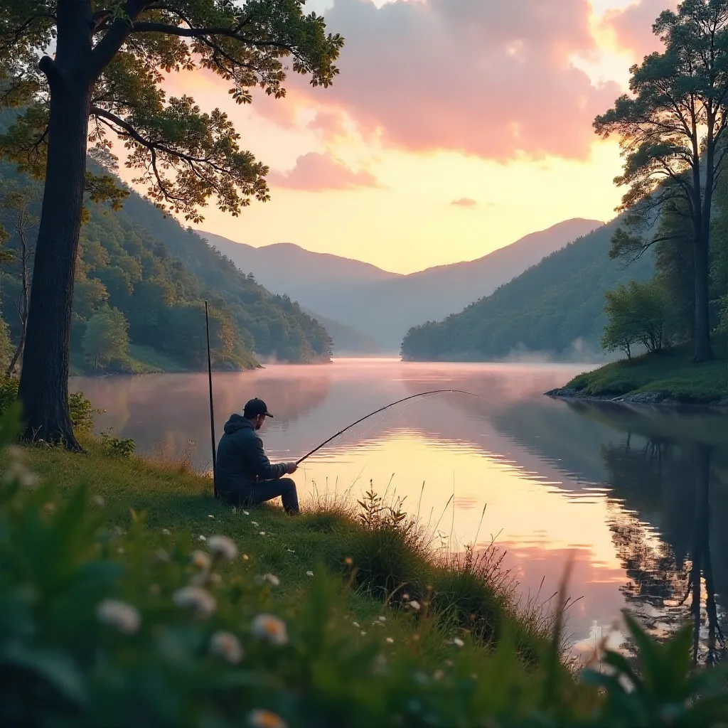 Dusk by the Calm Lakeside: A Quiet Fishing Moment