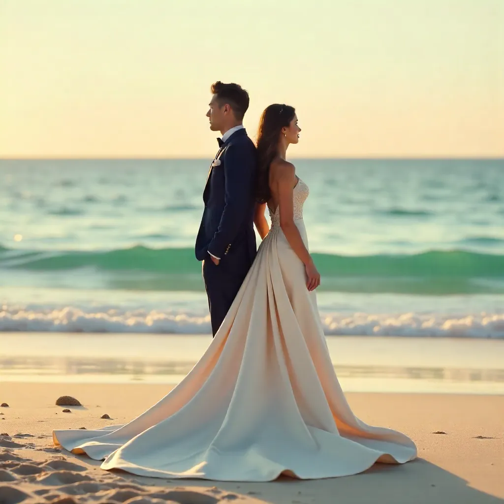 Elegant Couple Back-to-Back on a Serene Beach