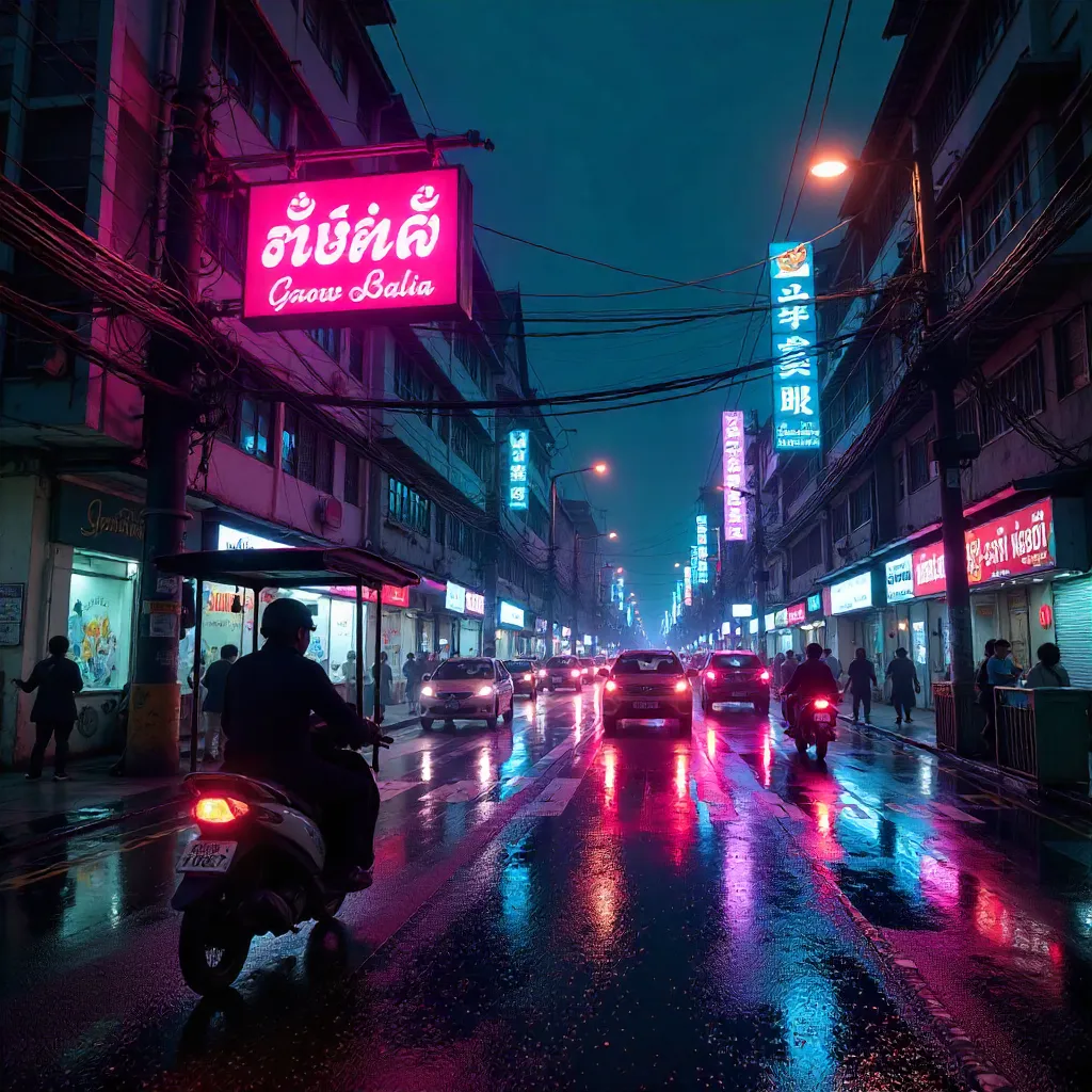 Neon Bangkok Traffic Under Glowing Night Signs