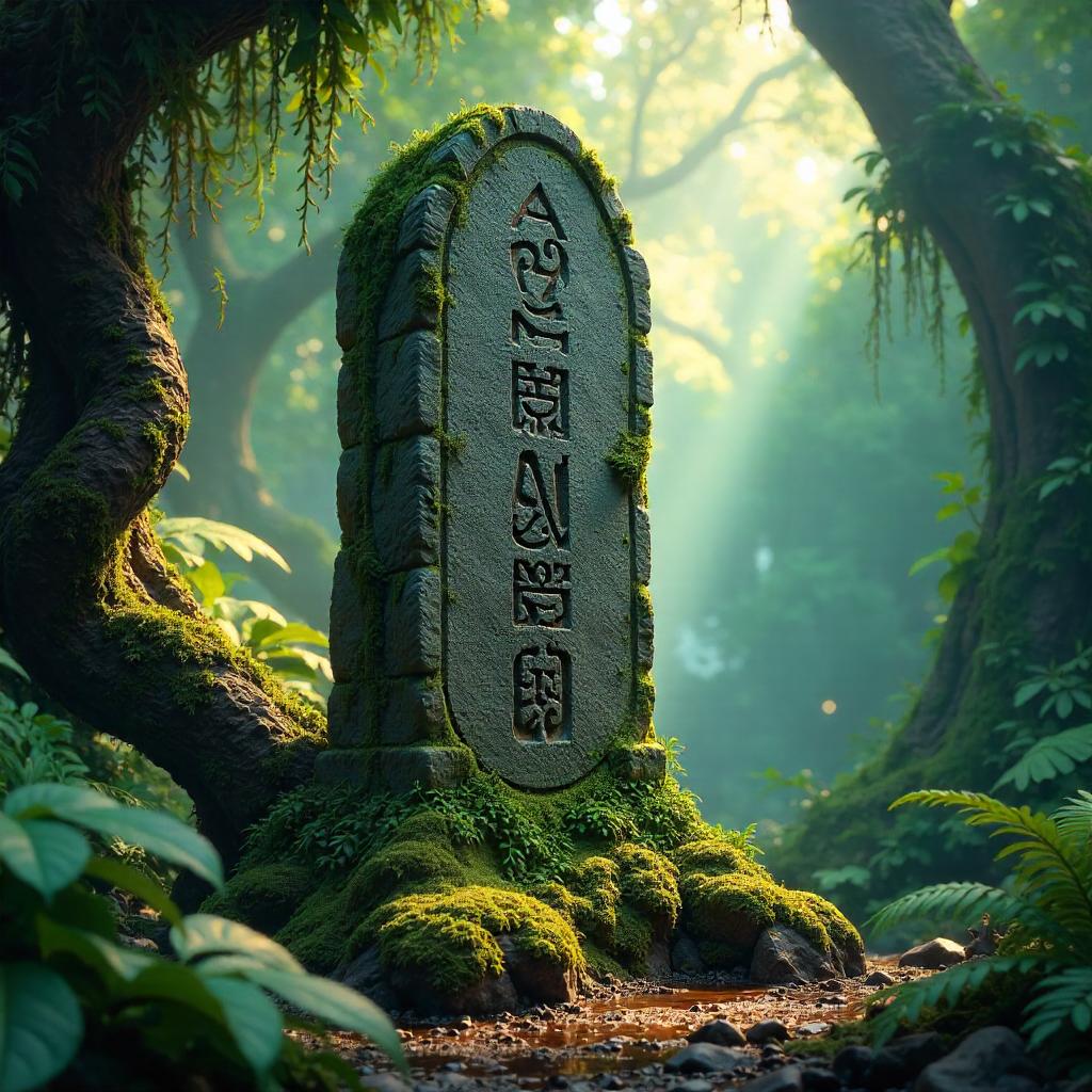 Runic Stone in Jungle Canopy: 3D Render