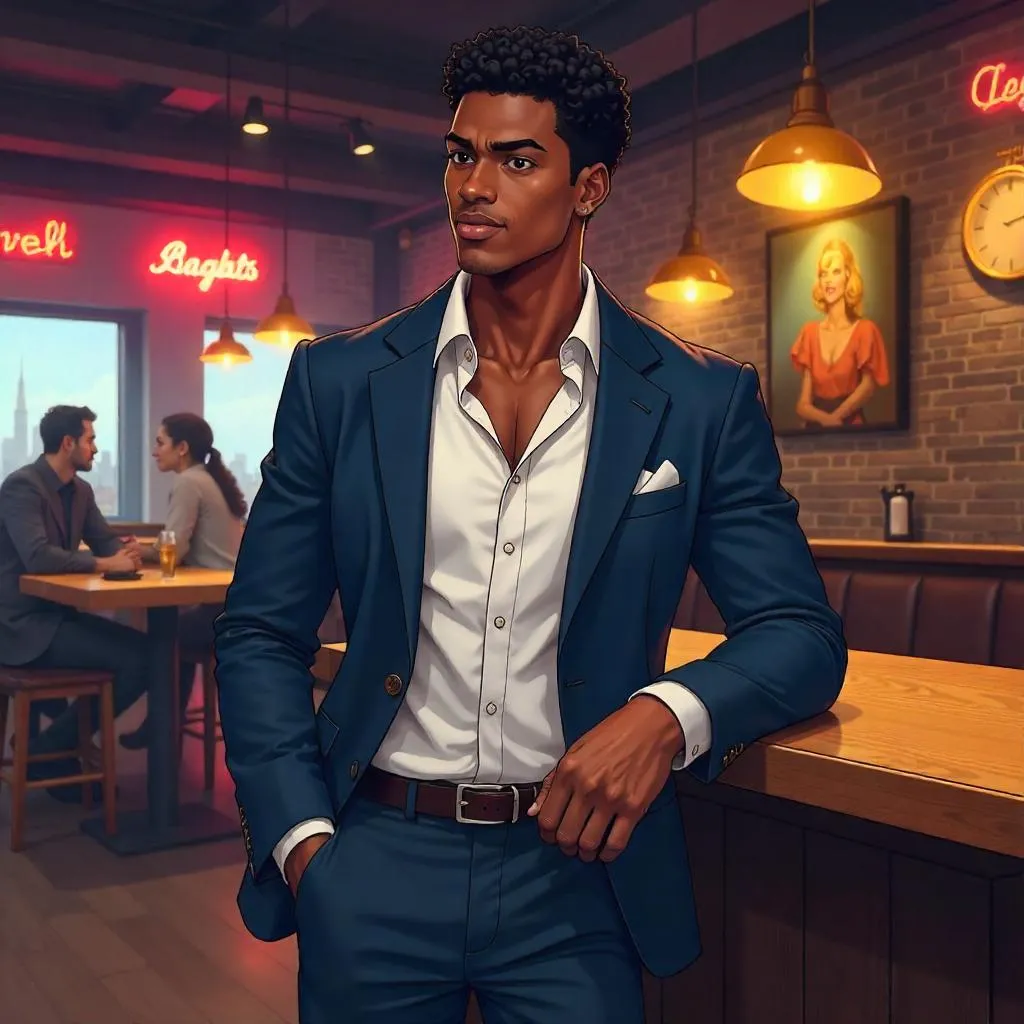 Confident Black Man in Anime Style at a Restaurant