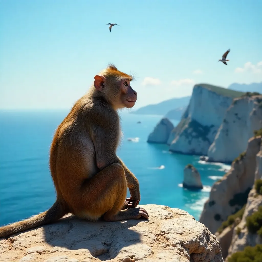 Barbary macaque on Gibraltar's Rock Overlooking the Sea