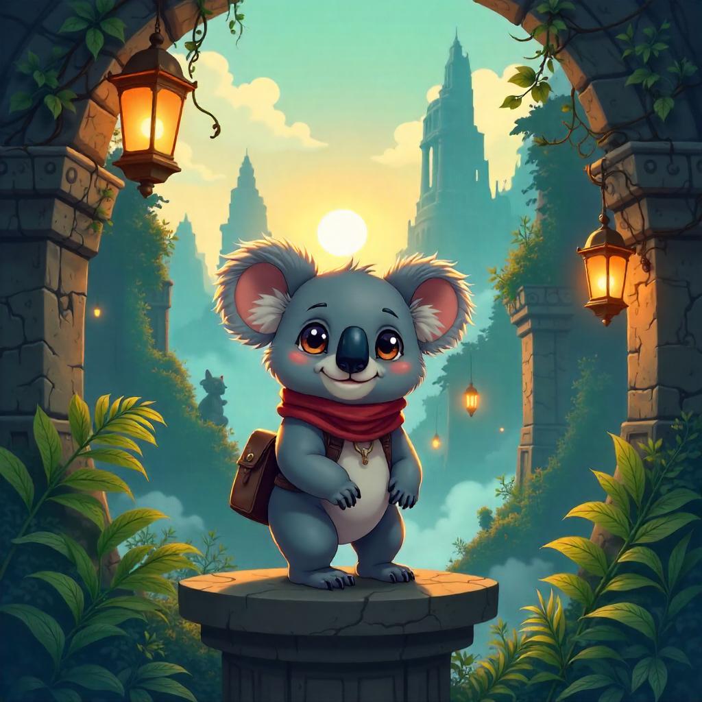 Koala in Neon Ruins: Anime Lost City Adventure