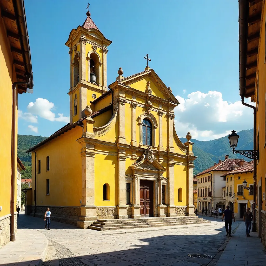 Bright Yellow Church with Intricate Architecture in Bosnia