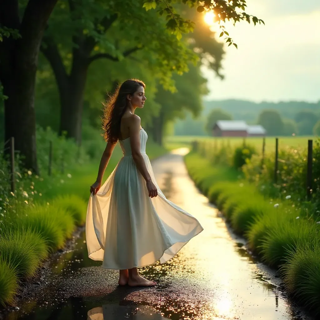 Young Woman in White Dress on a Rainy Country Road