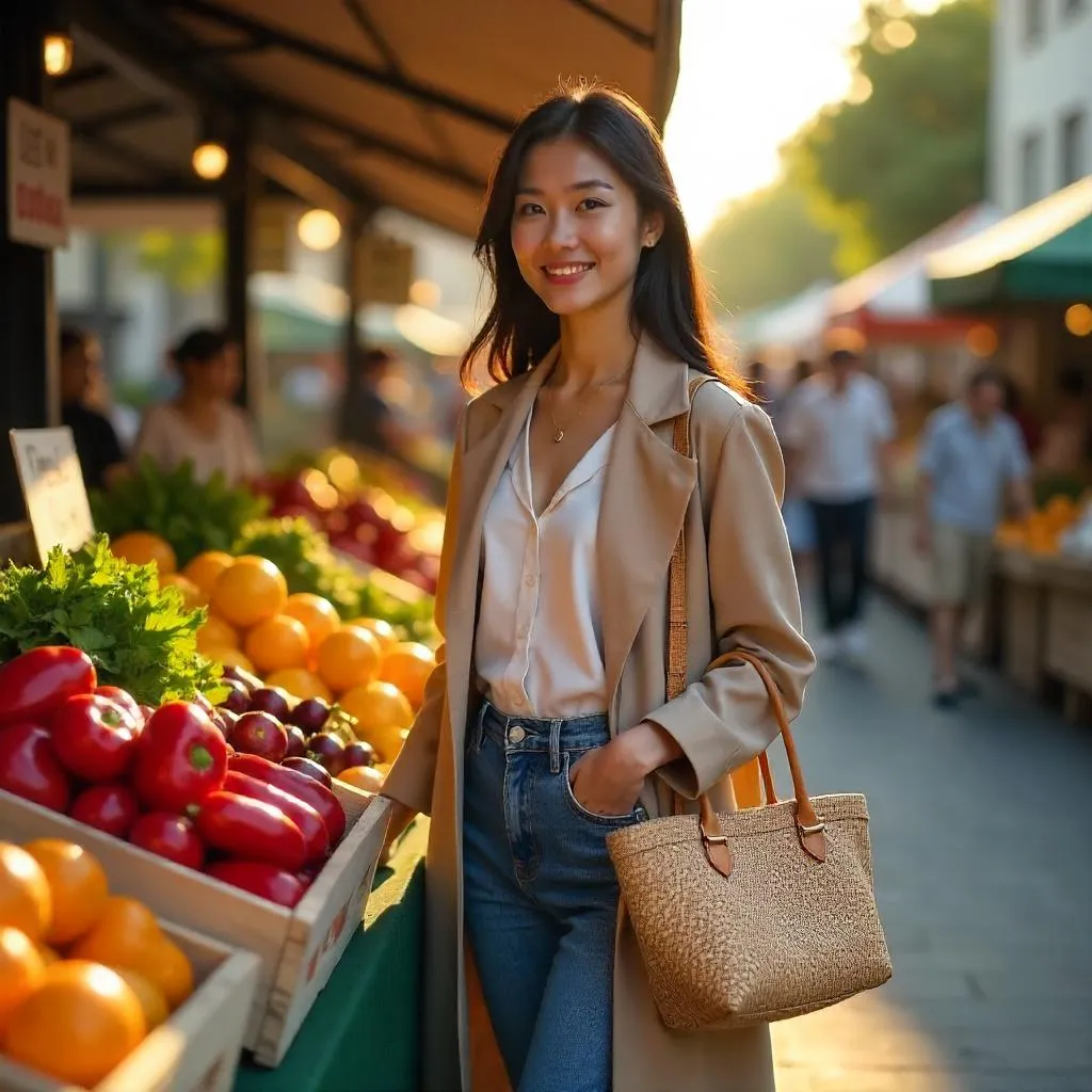 Golden Hour at the Market: Stylish Asian Woman