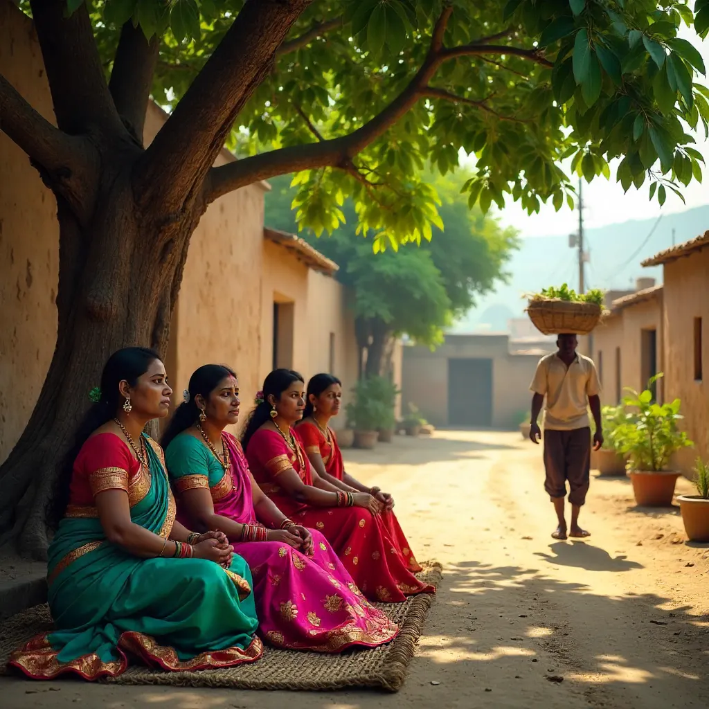 Women in Vibrant Traditional Attire Rest Under a Tree