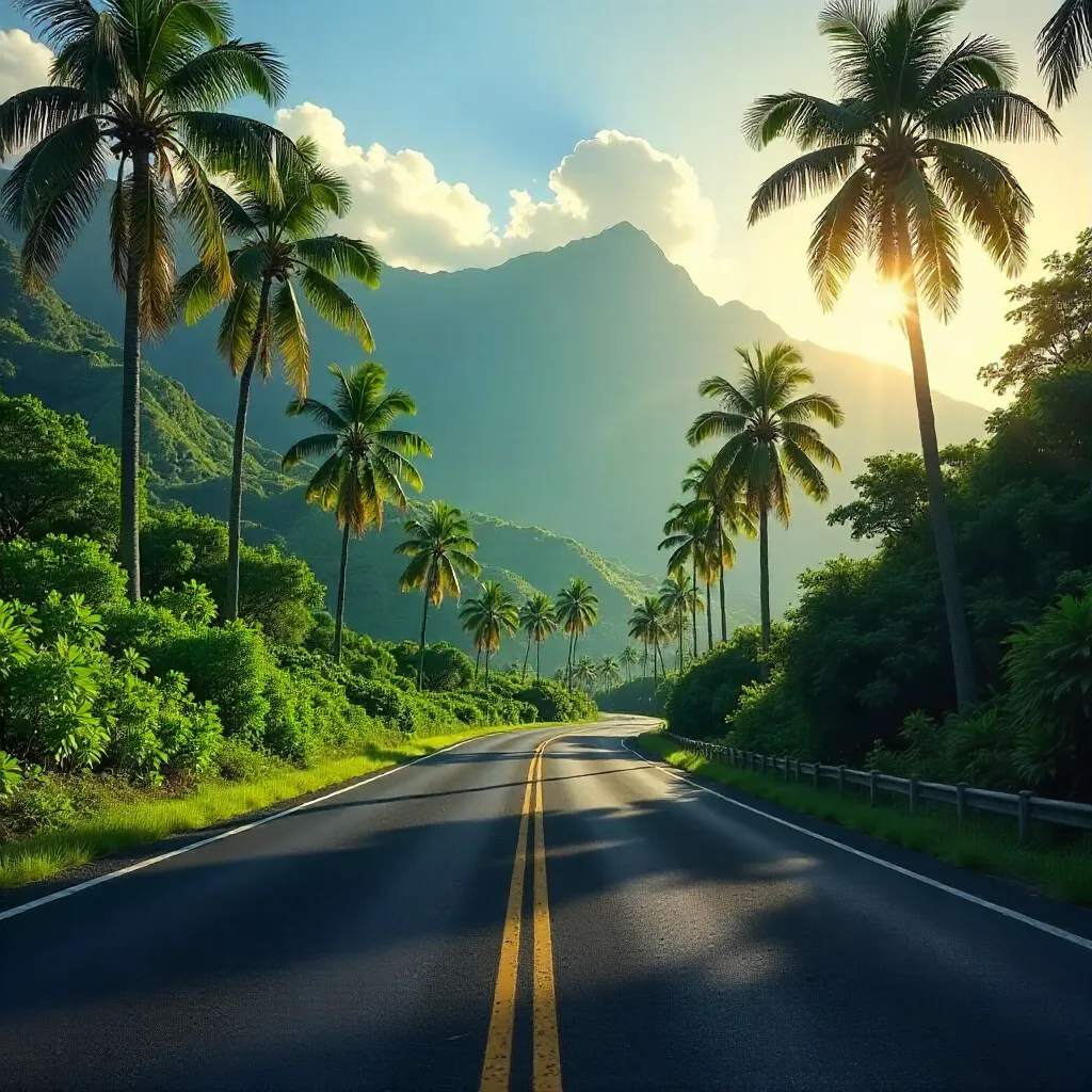 Misty Hawaiian Palm Road Through Forest and Mountains