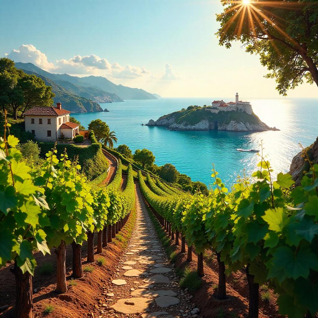 Vineyard Overlooking a Photoreal Archipelago at Sunset