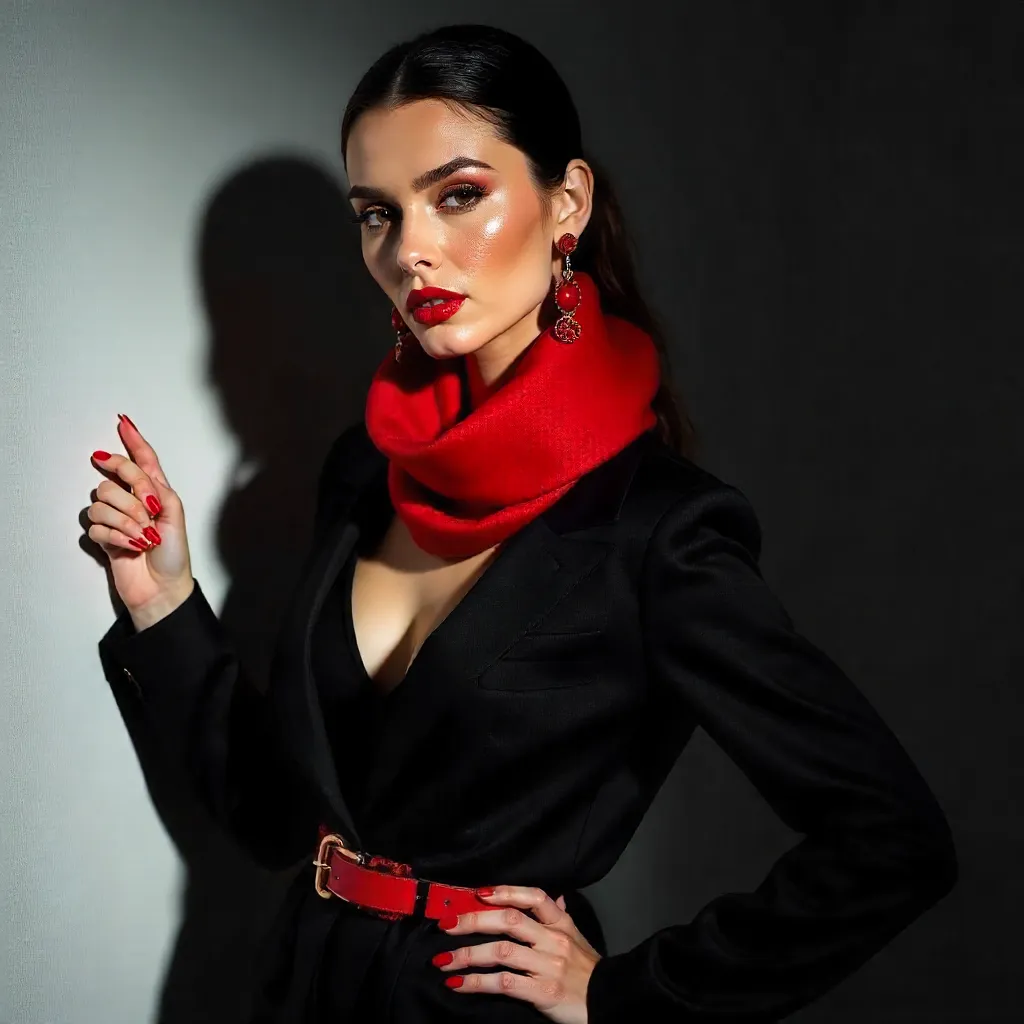 High-Contrast Modern Fashion Portrait with Red Accessories