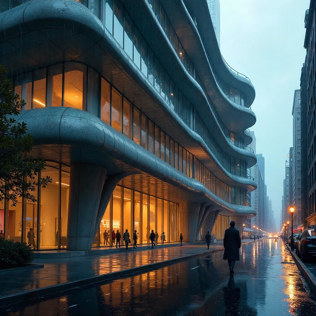 Lone Figure Before the Curved Modern Facade