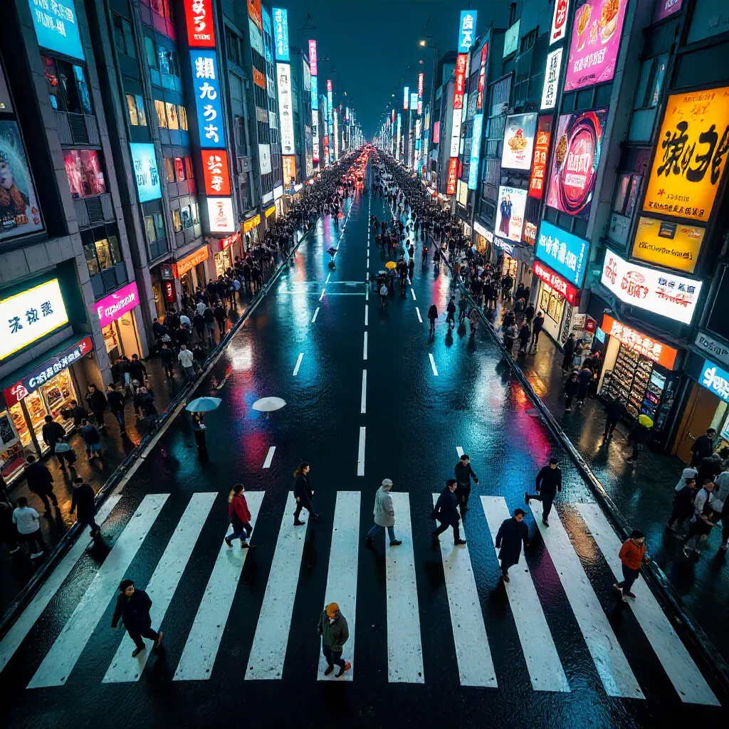 Aerial Tokyo Zebra Crossing at Night