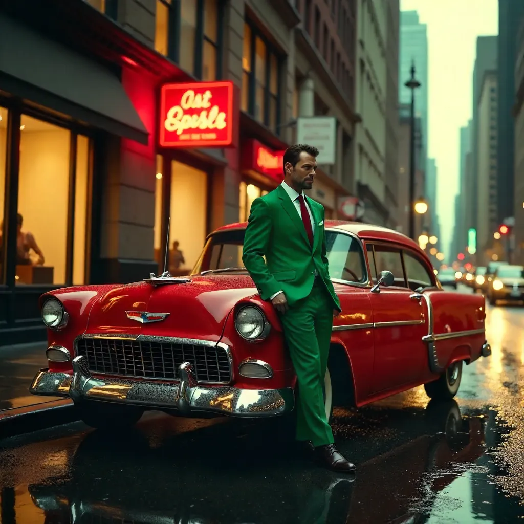 Green-Suited Man Leaning on a Classic Red Car in the City