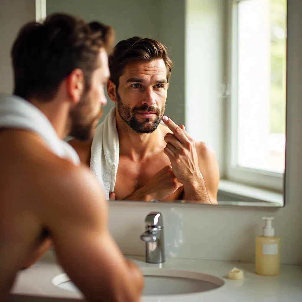 Morning skincare: man applying face cream in mirror