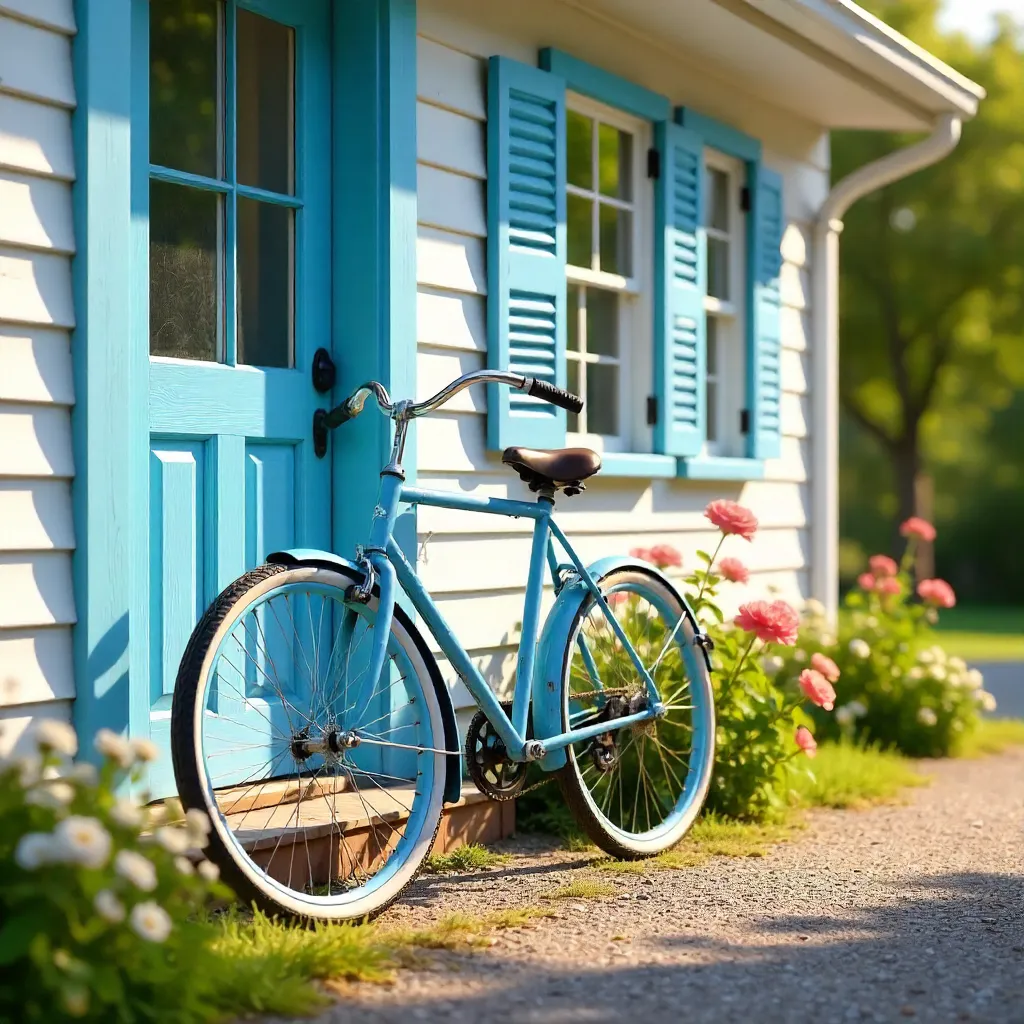 Blue Bicycle by White House with Blue Doors