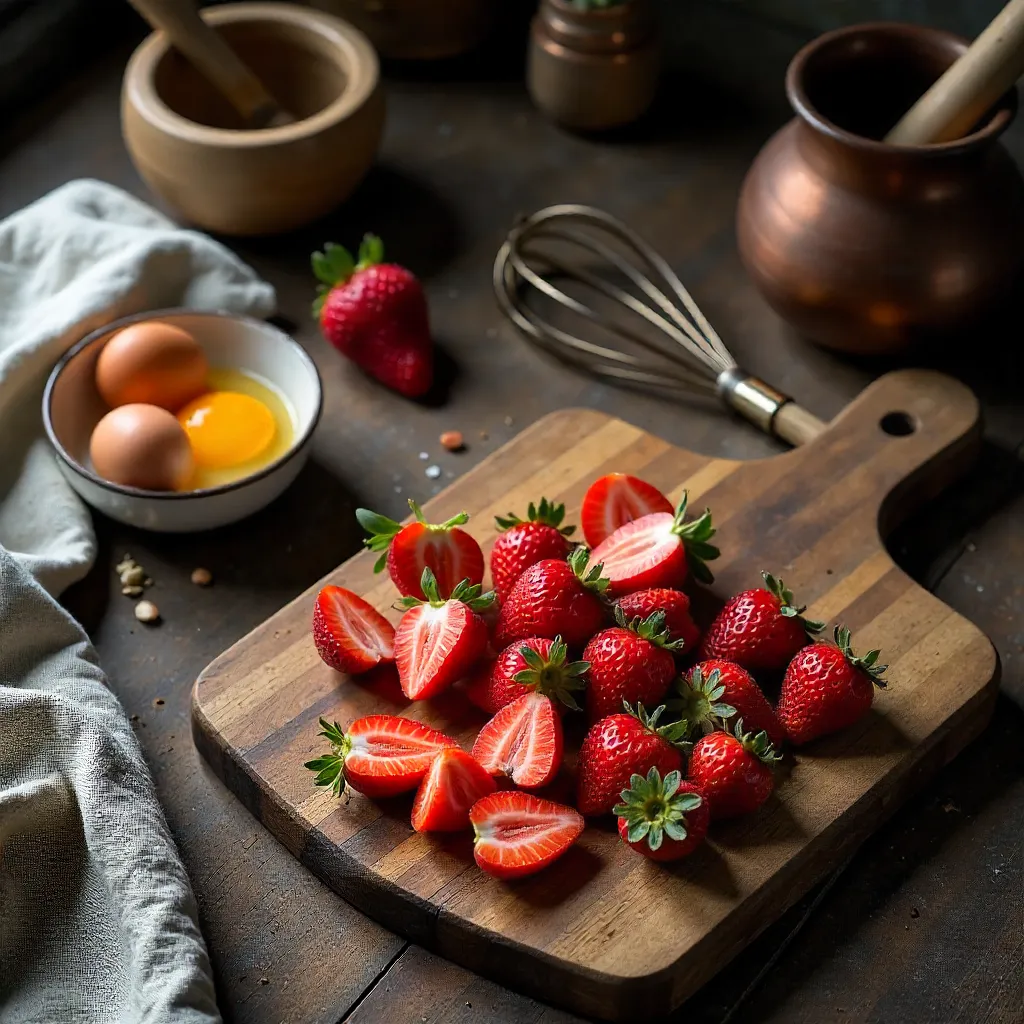 Top-Down Rustic Kitchen: Hand-Cut Strawberries & Eggs