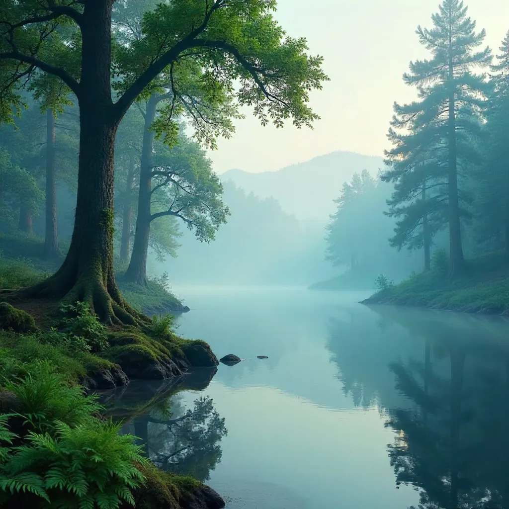 Mist-Kissed Forest by a Tranquil Lake