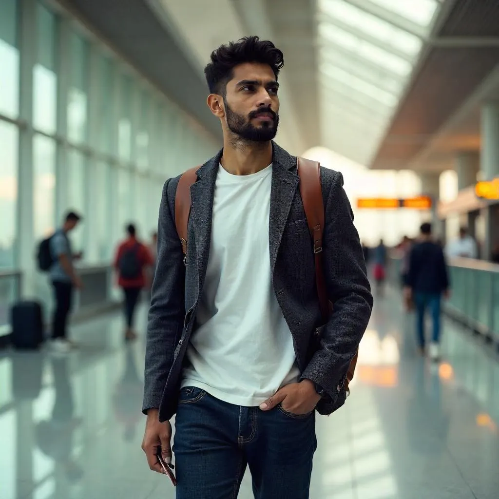 Photorealistic portrait of a young Indian man in an airport