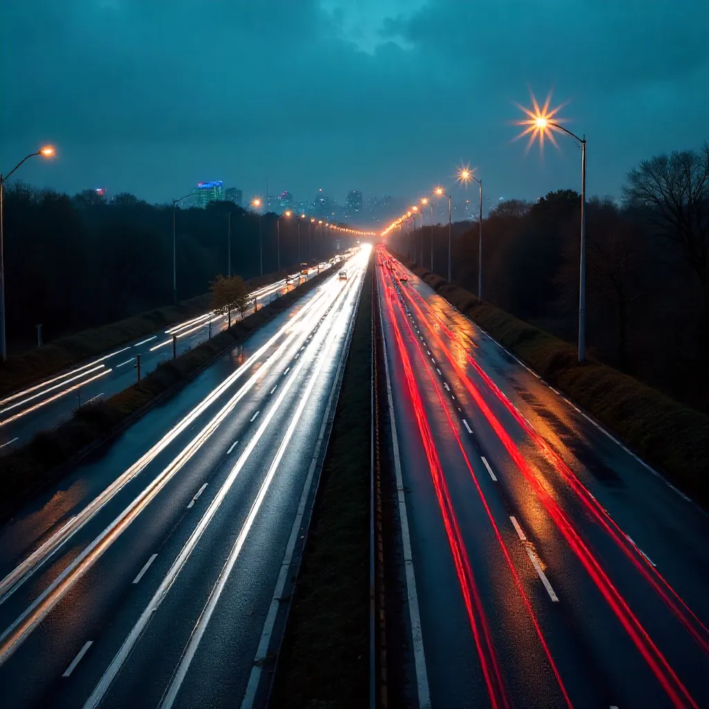 Nighttime Highway Motion Blur with City Glow