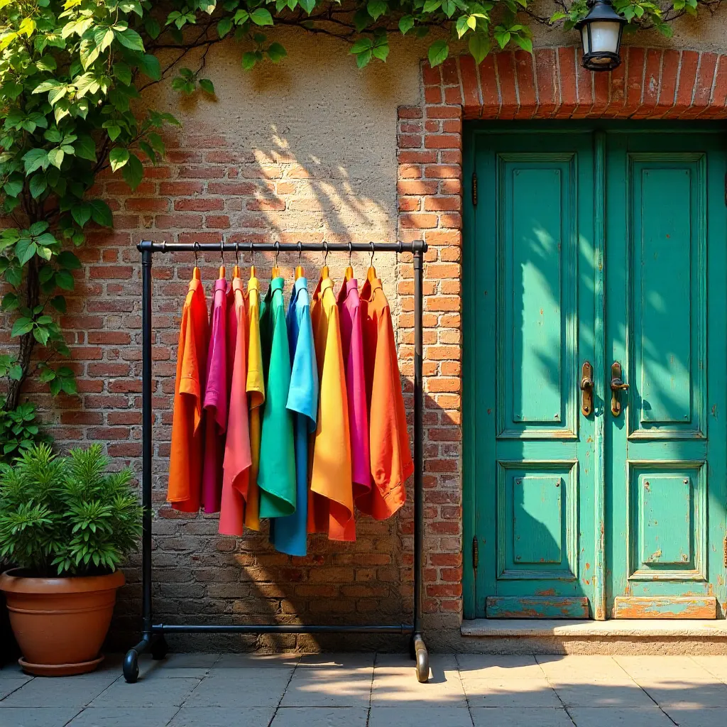 Colorful Clothes on Rustic Brick Wall with Teal Doors