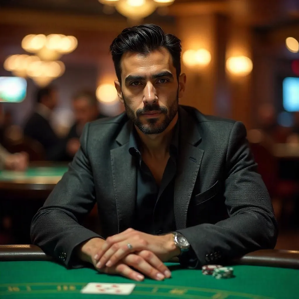Photorealistic Portrait: Young Middle Eastern Man in a Poker Room