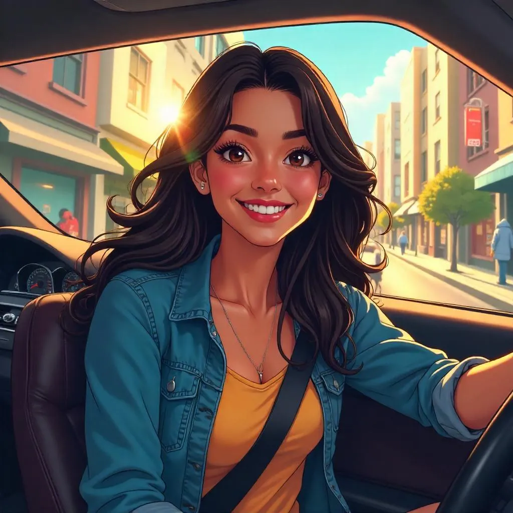 Cheerful Latina in an Anime Car Ride