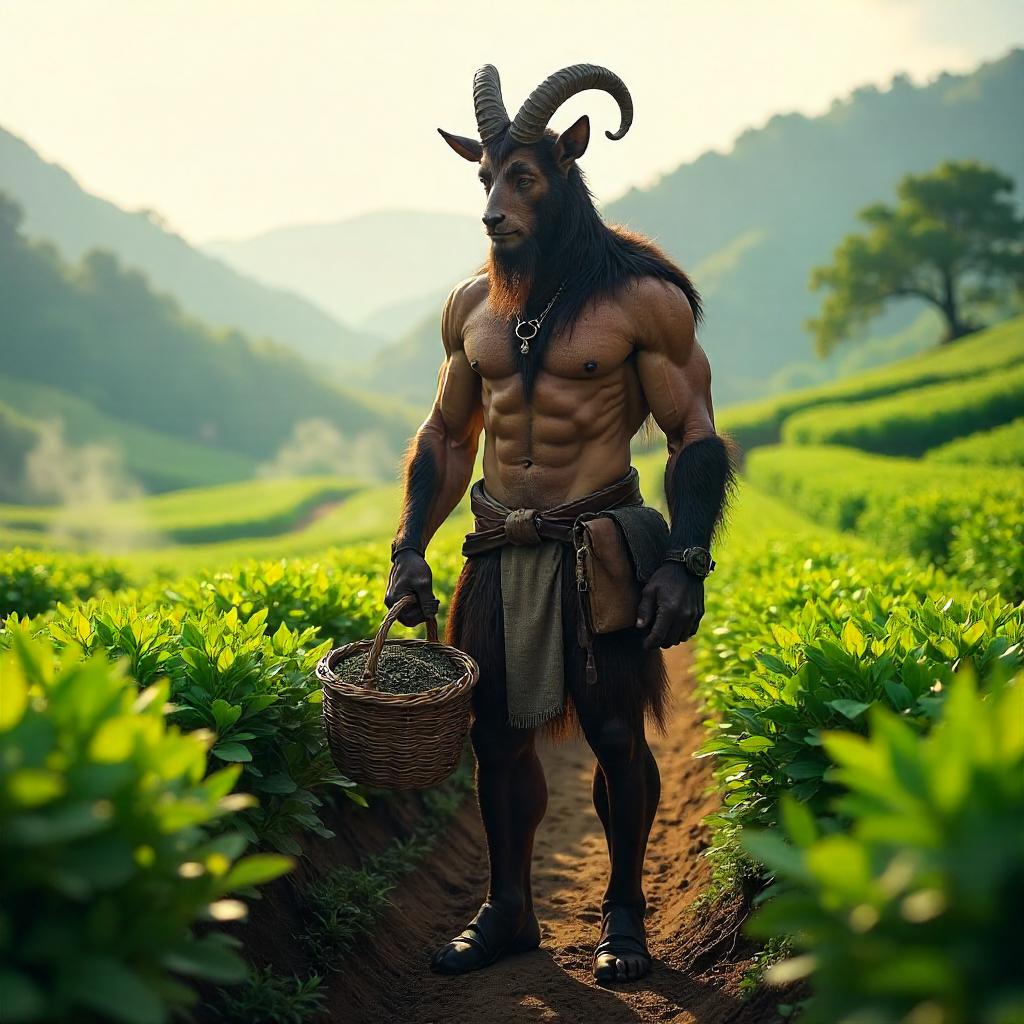 Satyr in a Photorealistic Tea Plantation