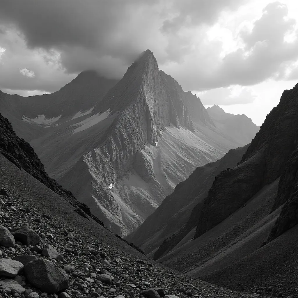 Monochrome Peaks Beneath Dramatic Clouds