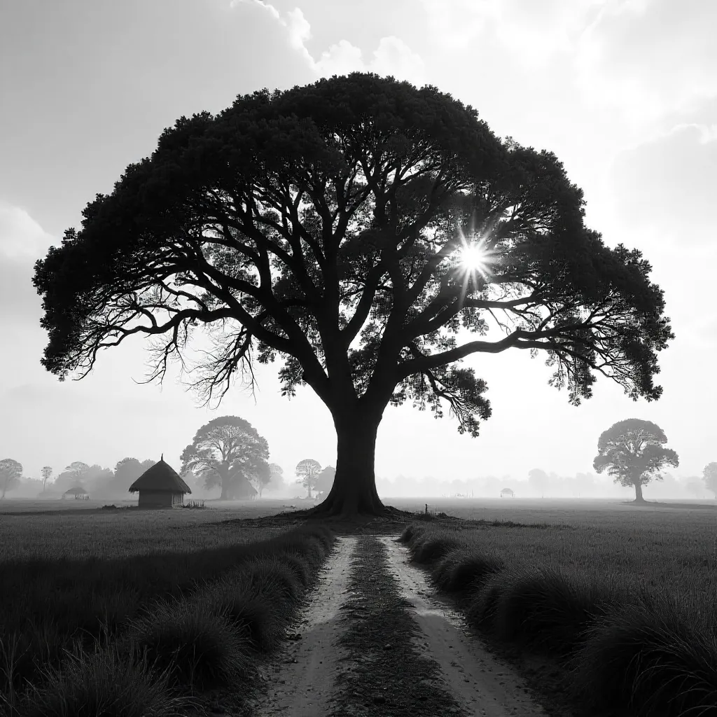 Monochrome Serenity: Lone Banyan in Pabna, Bangladesh