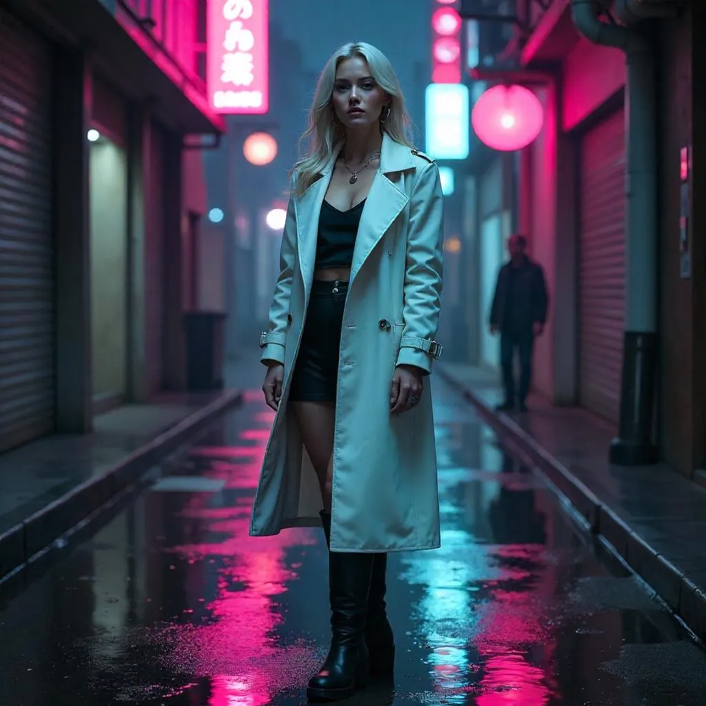 Elegant Pale-Skinned Woman in Neon City