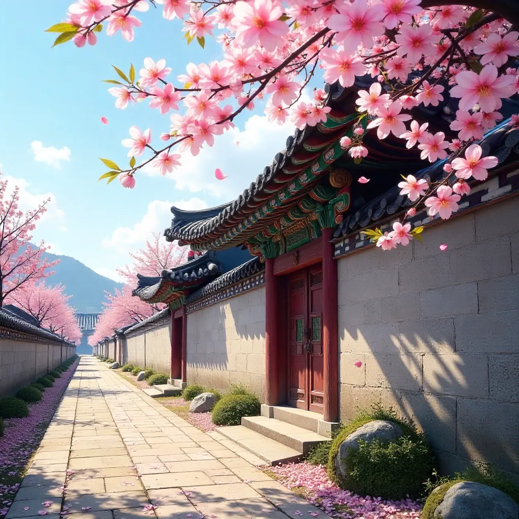 Cherry Blossom Wall at a Korean Palace in Spring