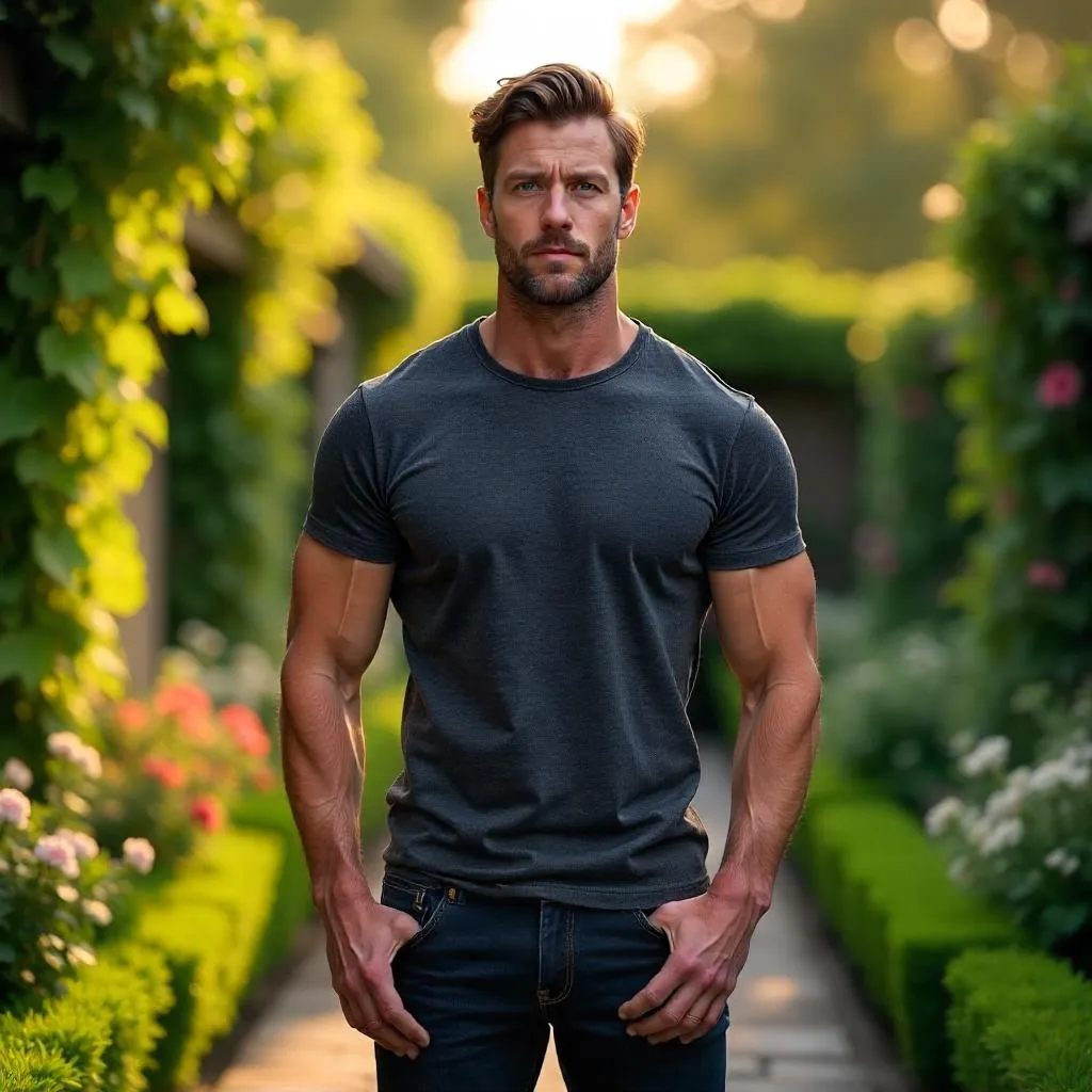 Photorealistic Muscular Caucasian Man in a Lush Garden
