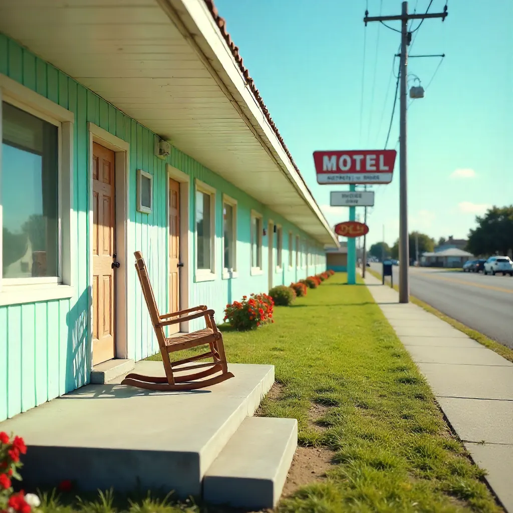 Sunny Motel Porch with a Lone Rocking Chair