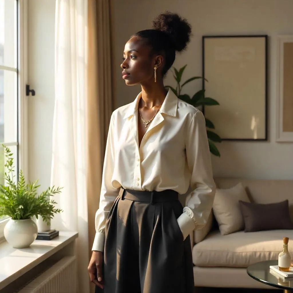 Elegance in Light: Black Woman in a Modern Apartment