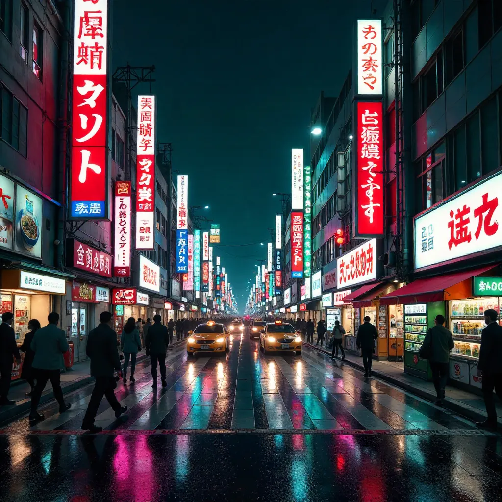 Vibrant Tokyo Street at Night with Motion Blur