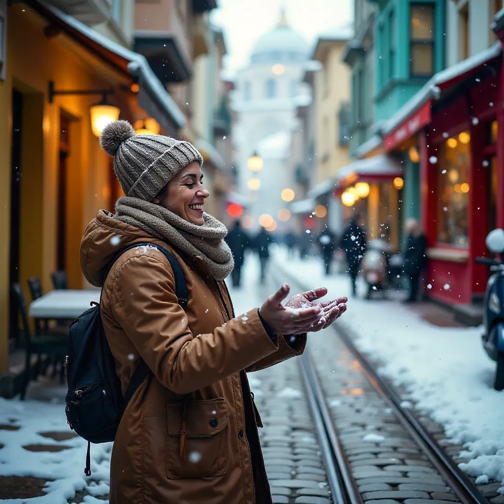 Snow Play on a Historic Istanbul Street at Dusk