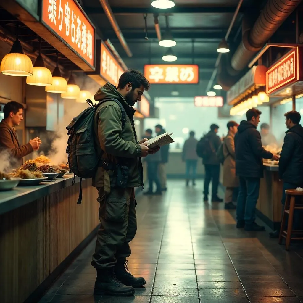 Photorealistic Hunter in a Bustling Food Court