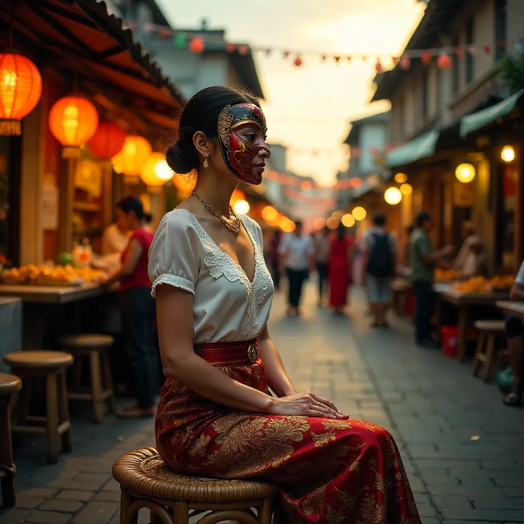Woman in Kebaya with Topeng Mask in Colorful Street
