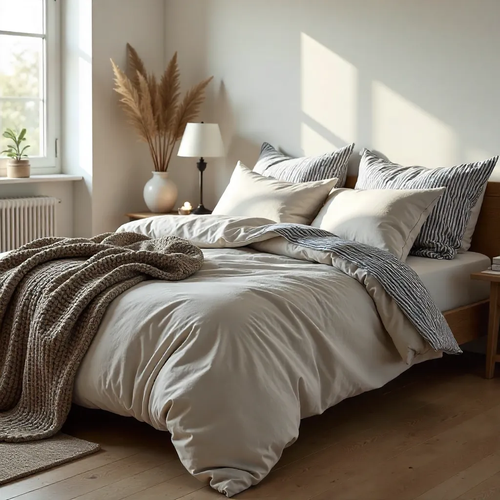 Cozy Unmade Bed with Striped Bedding