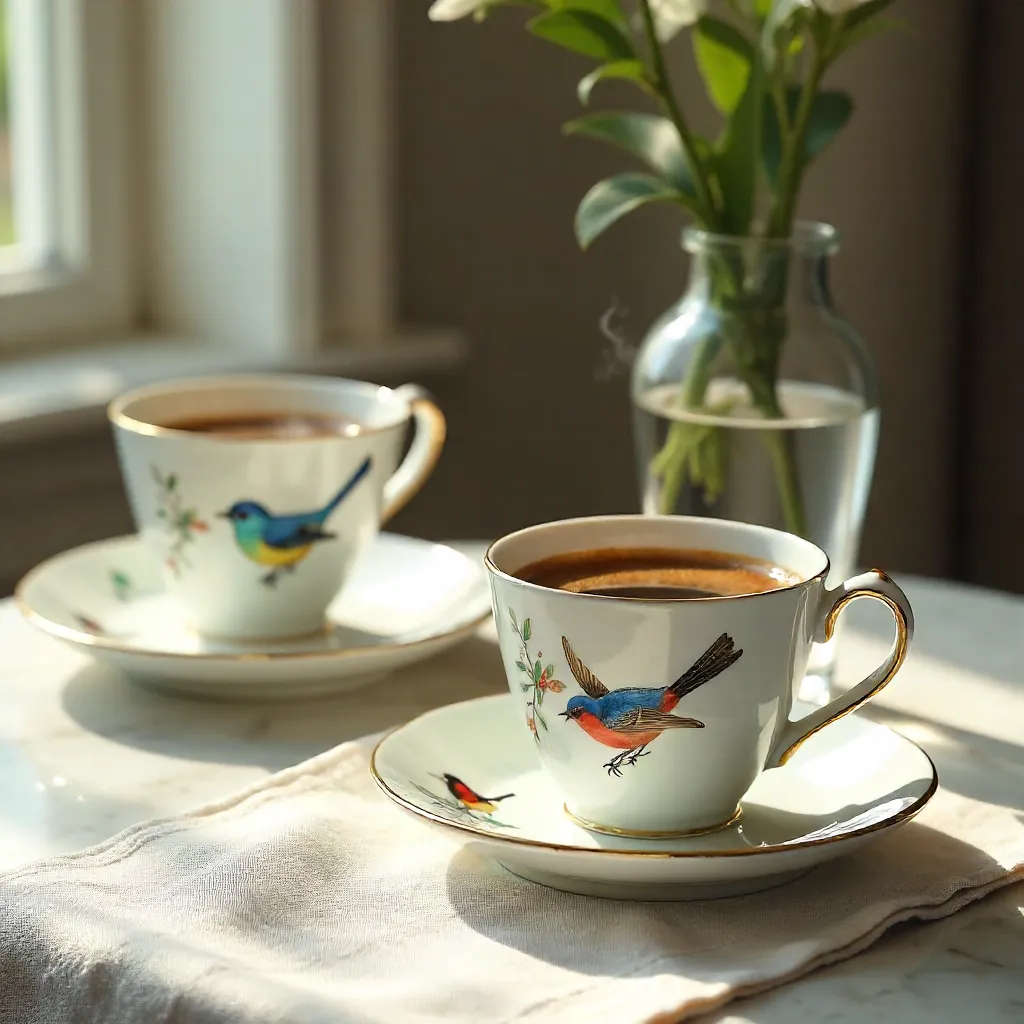 Bird-Themed Coffee Cups on an Elegant Table Setting
