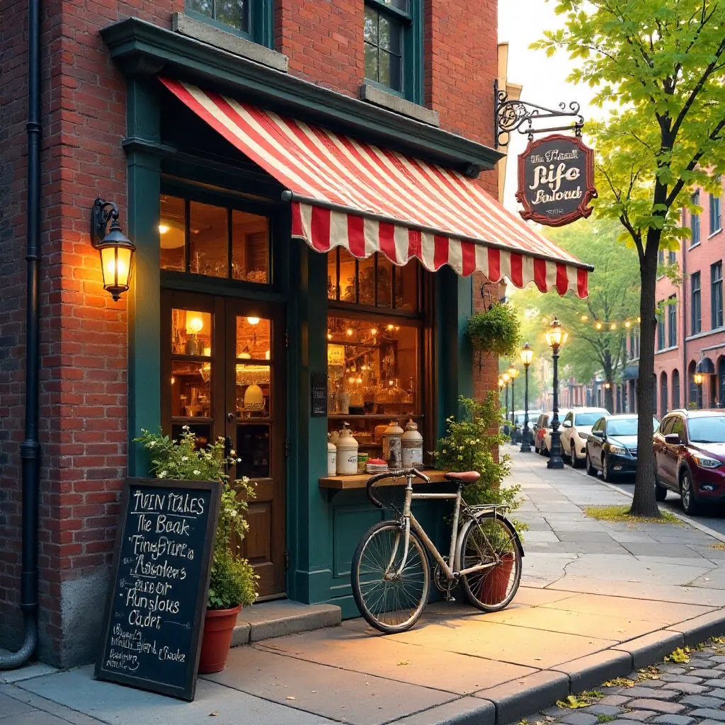 Cozy Street Cafe with Striped Awning and Eclectic Signs