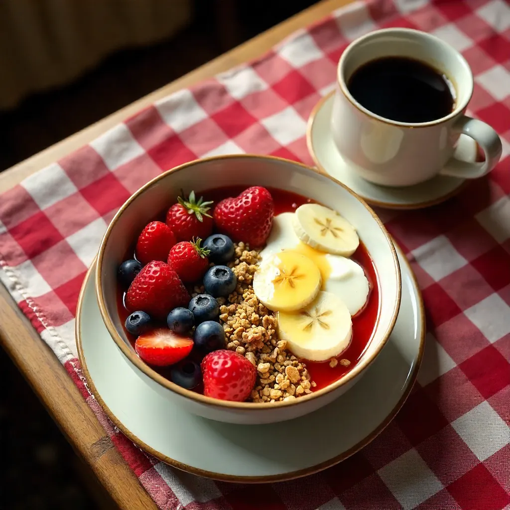 Overhead Cozy Vintage Breakfast Bowl on Red Checkered Tablecloth