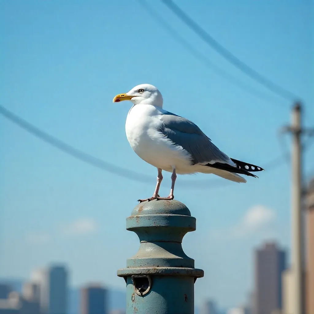 Seagull on a Street Light: Urban Wildlife Under Azure Sky