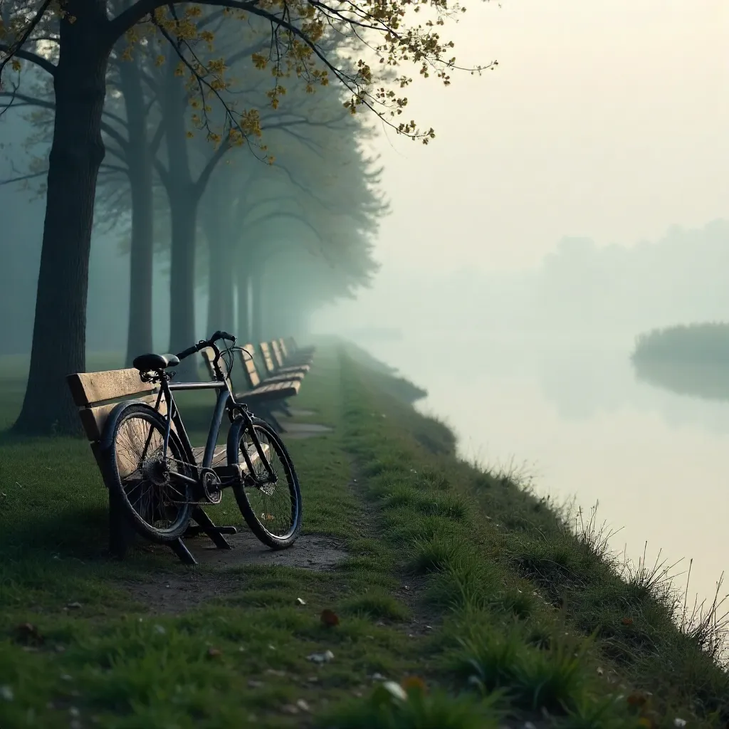 Mist-kissed riverbank with bicycle and empty benches