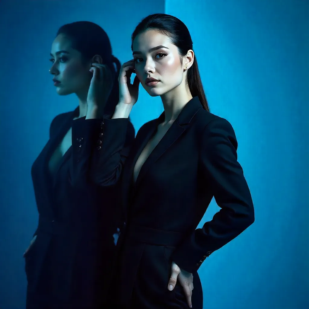 Dramatic Studio Portrait on Blue Reflection