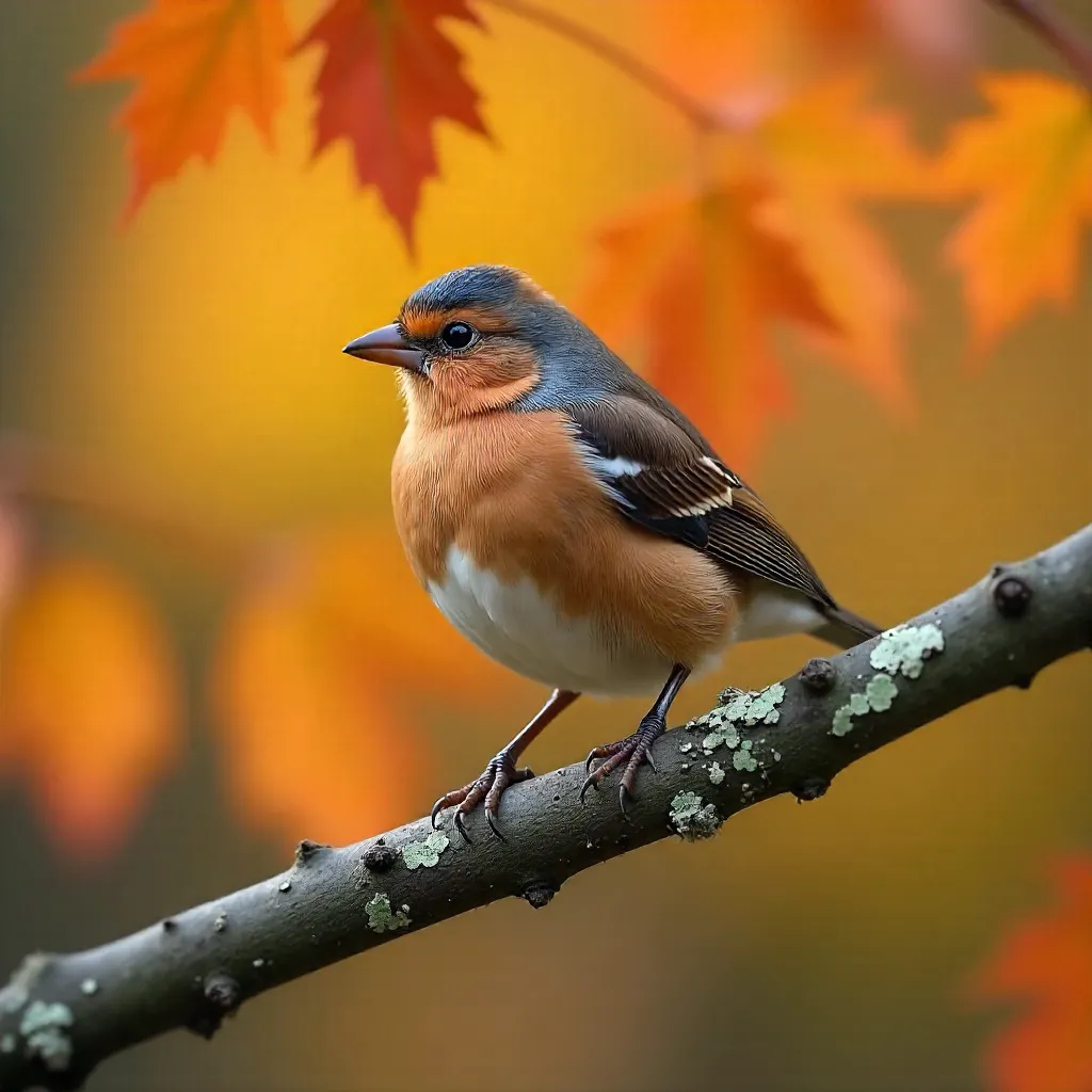 Chaffinch on Lichen Branch in Autumn Light