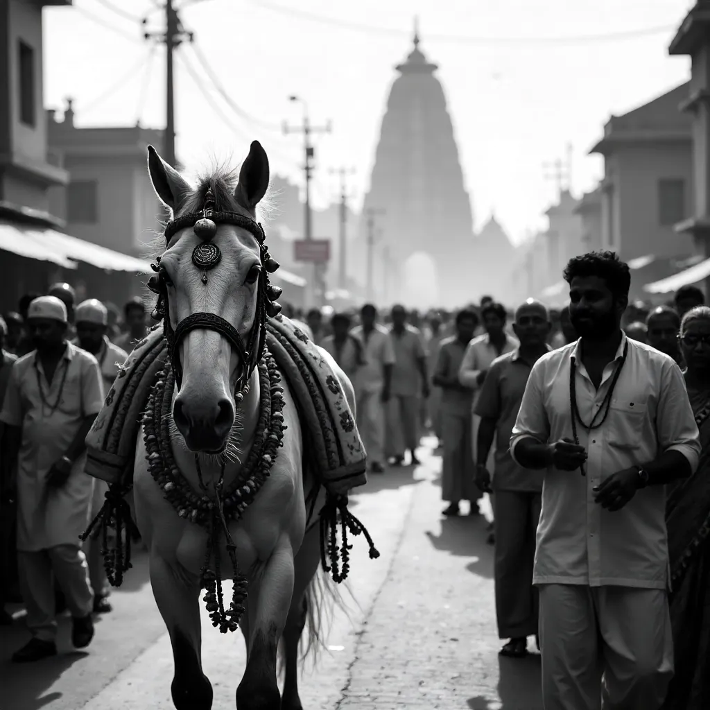Black and White Pandharpur Procession: Decorated Horse